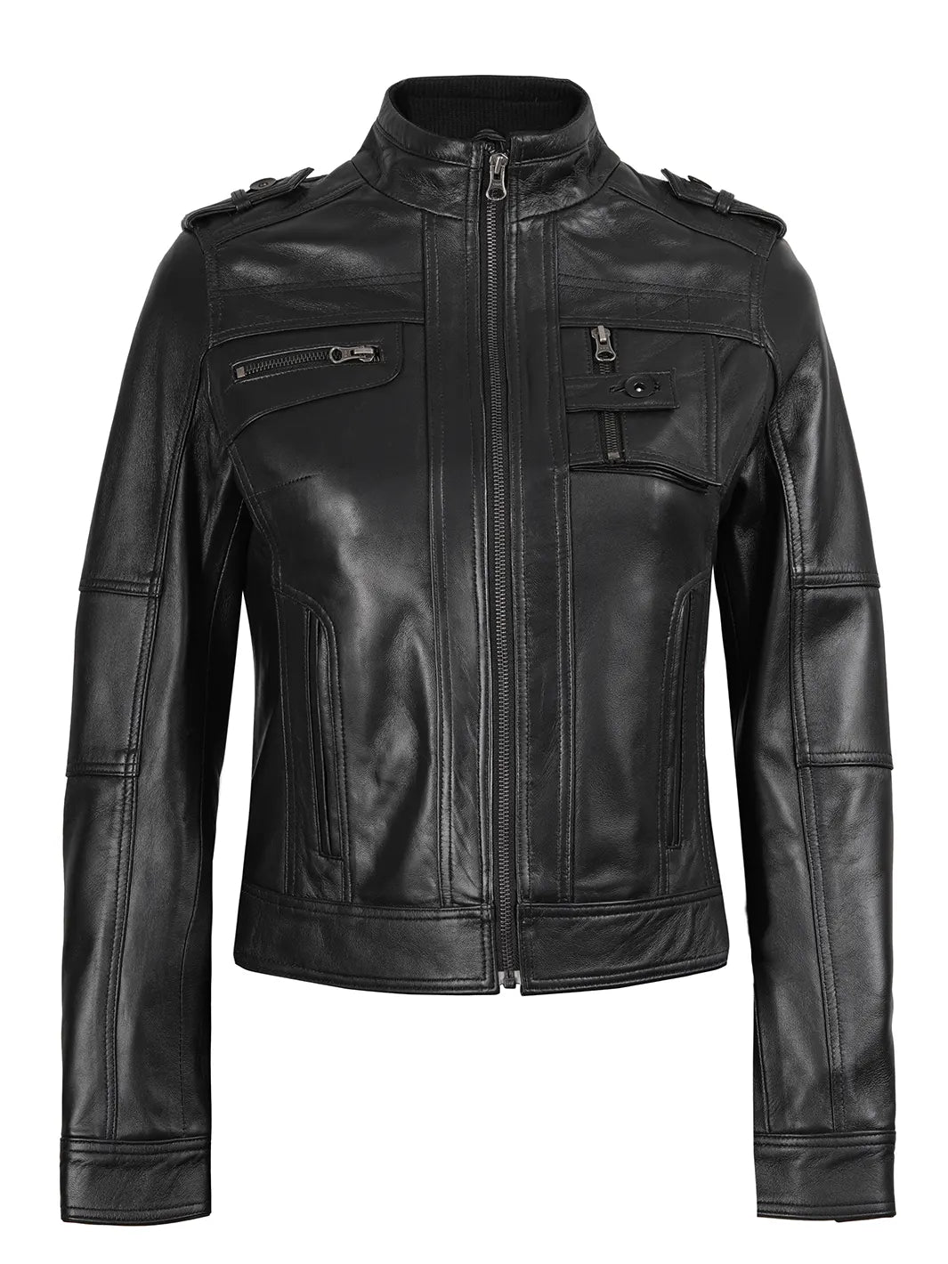 Tavares Womens Black Cafe Racer Style Leather Jacket