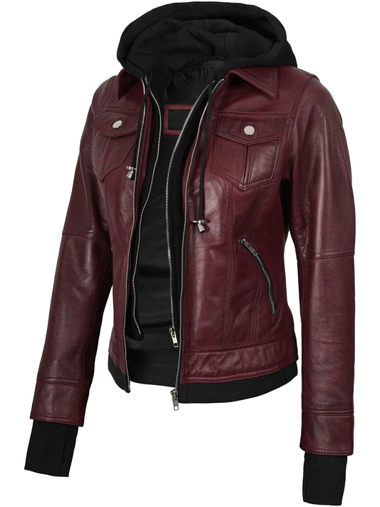 Real Leather Women's Bomber Burgundy Jacket with Hood