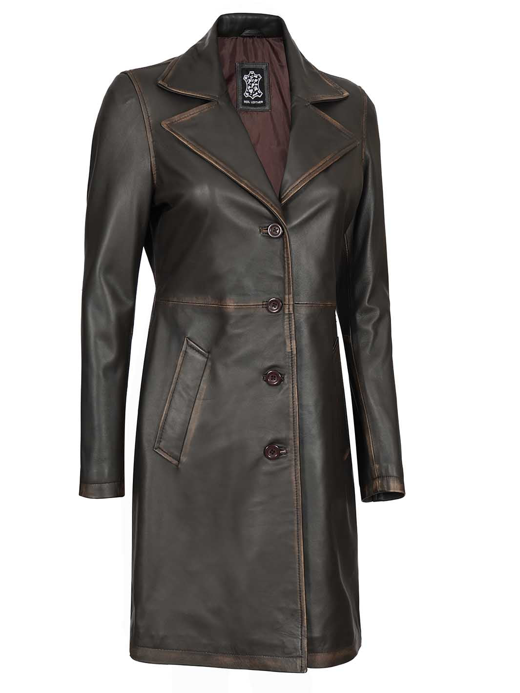 Bryson Women's Rub Off Dark Brown Leather Long 3/4 Coat