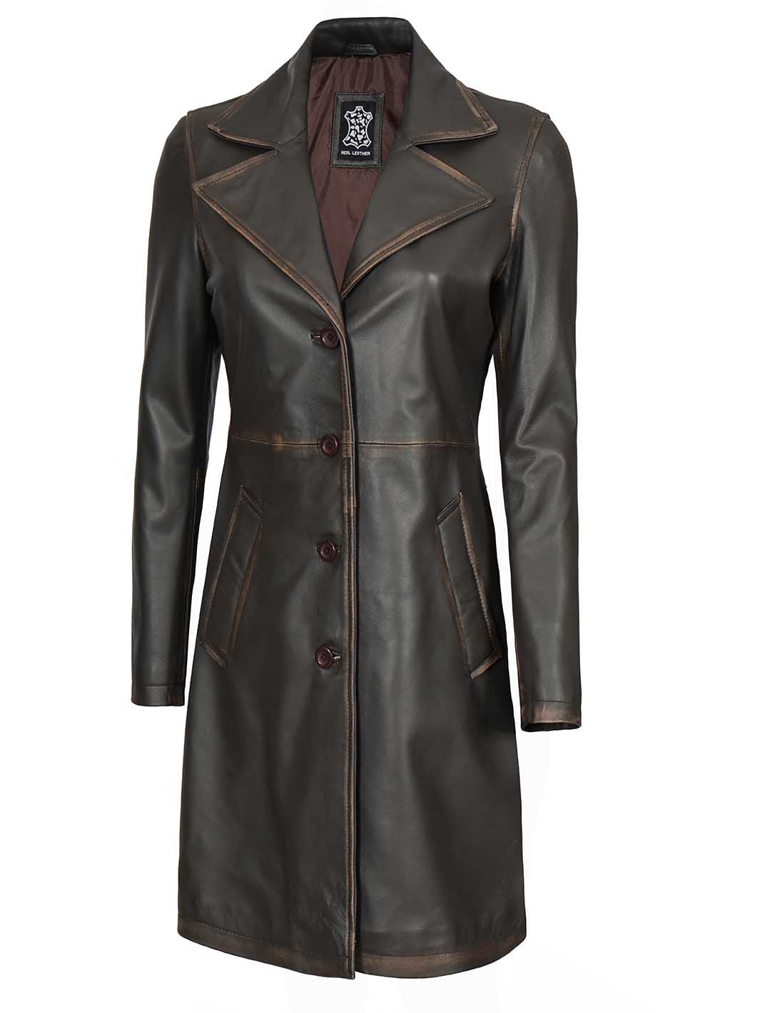 Bryson Women's Rub Off Dark Brown Leather Long 3/4 Coat