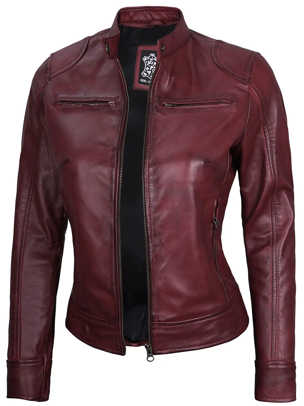 Dodge Womens Burgundy Leather Jacket Cafe Racer