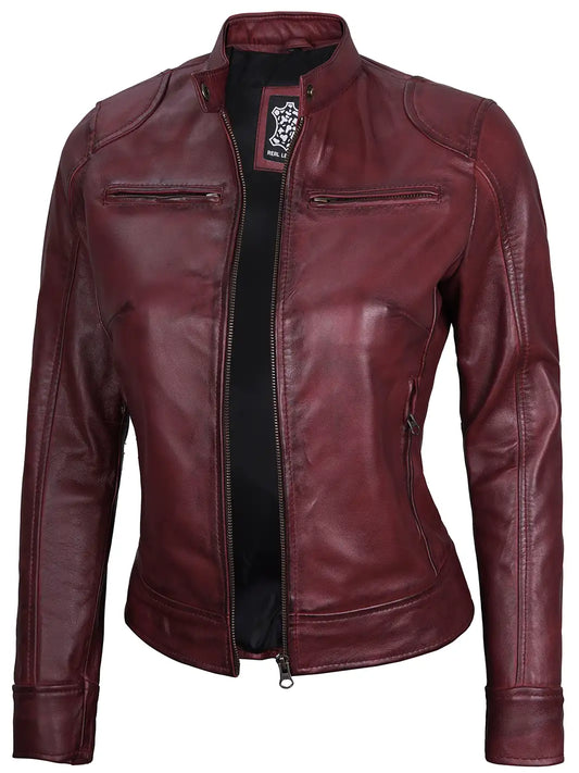 Dodge Womens Burgundy Leather Jacket Cafe Racer