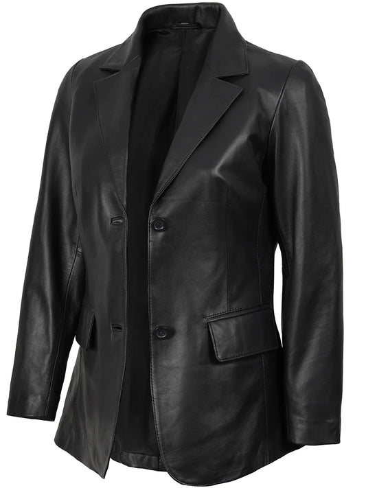 Women's Black Two-Button Real Leather Blazer