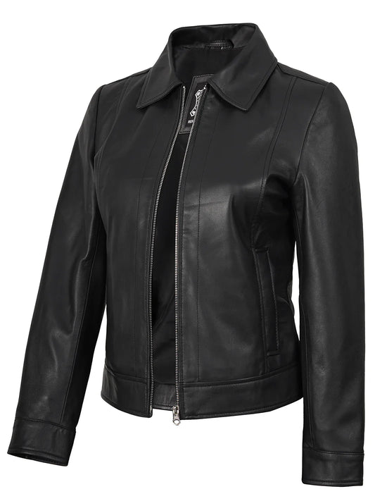 Women's Harrington Style Black Real Leather Jacket