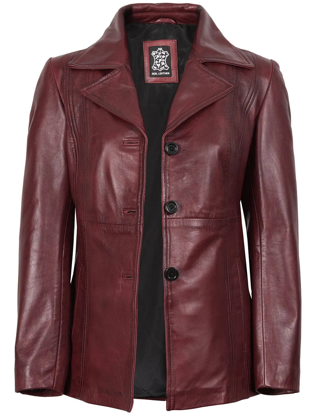 Women's Real Leather Burgundy Blazer with Three Button