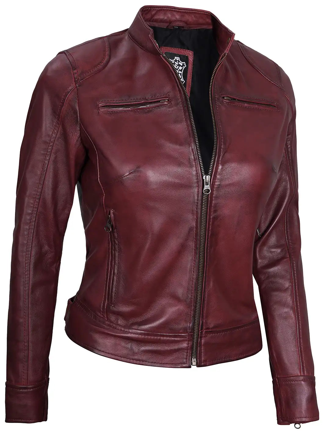 Dodge Womens Burgundy Leather Jacket Cafe Racer