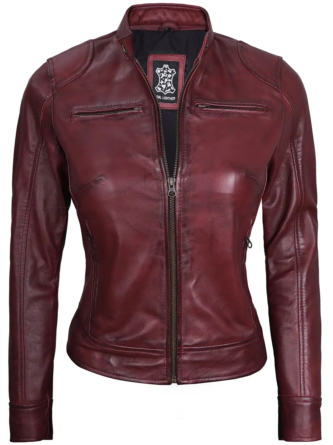 Dodge Womens Burgundy Leather Jacket Cafe Racer
