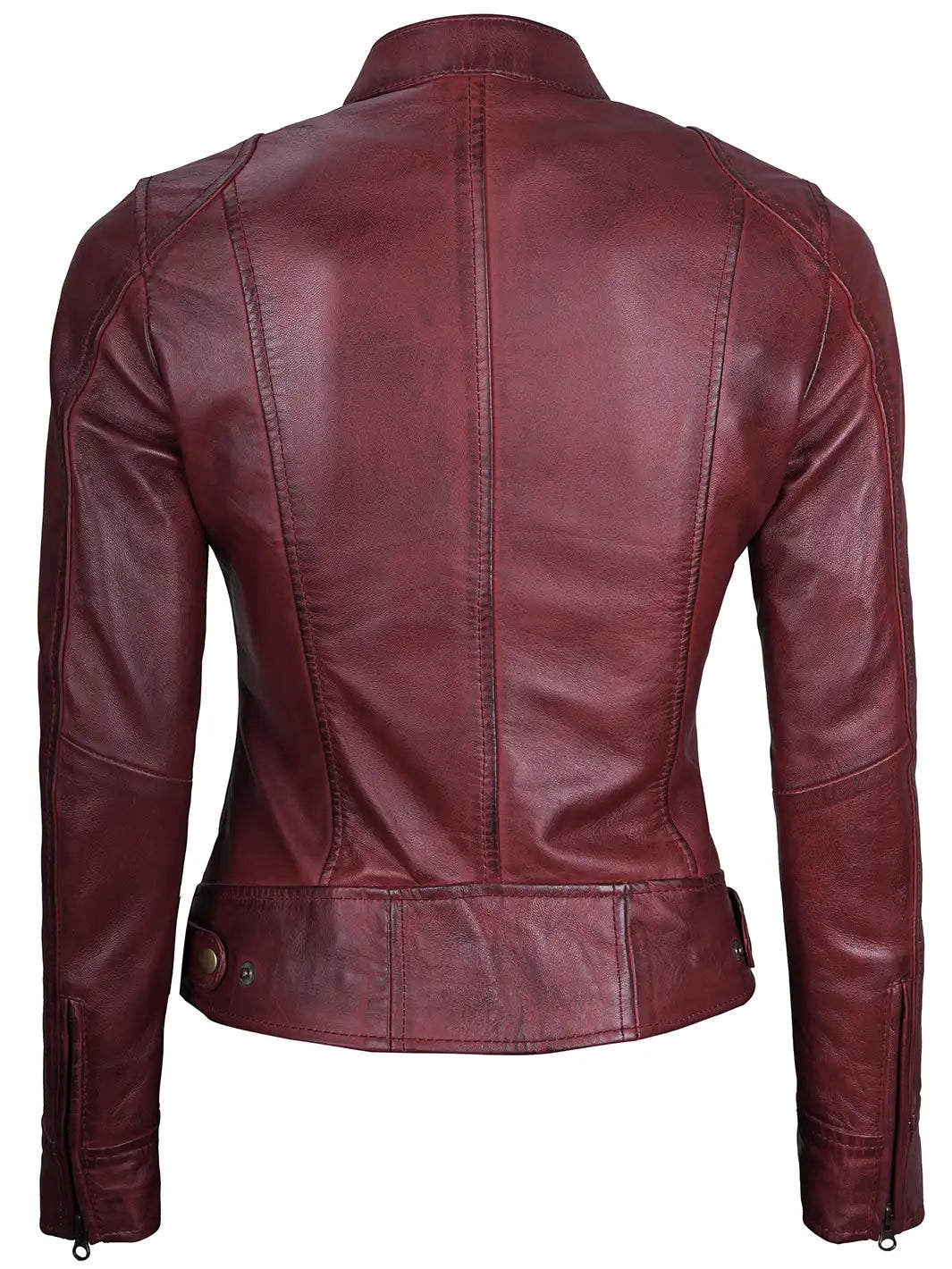 Dodge Womens Burgundy Leather Jacket Cafe Racer