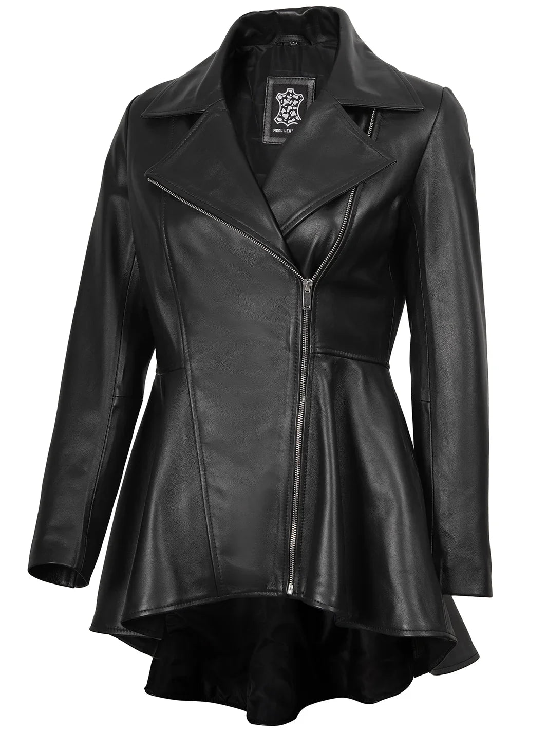 Clarissa Womens Black Asymmetrical Peplum Leather Jacket