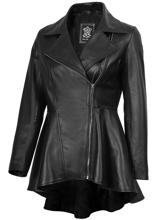 Clarissa Womens Black Asymmetrical Peplum Leather Jacket