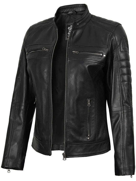 Austin Women's Black Cafe Racer Style Leather Jacket