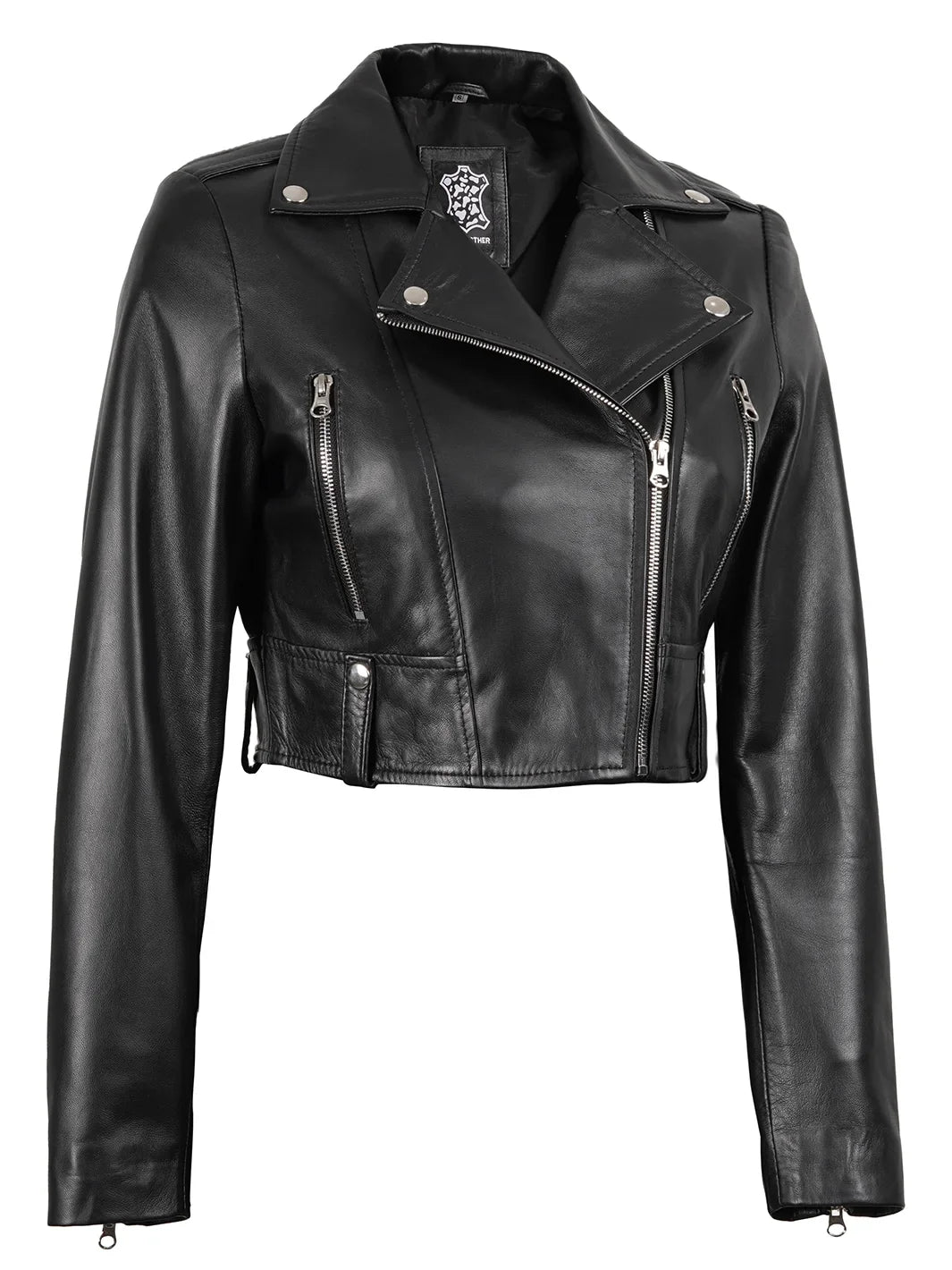Colleen Women’s Cropped Black Biker Style Leather Jacket