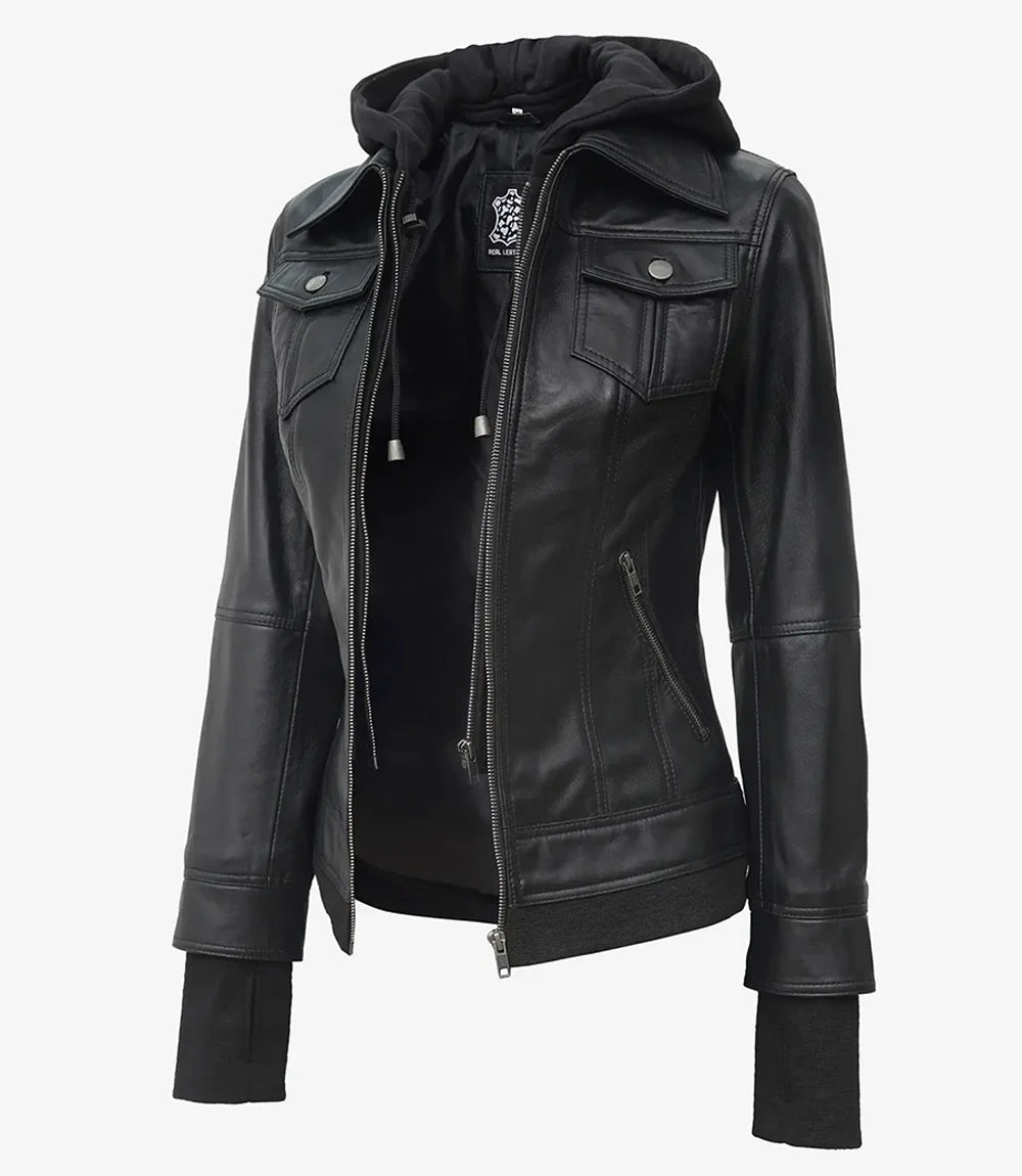 Real Leather Womens Black Bomber Jacket with Removable Hood