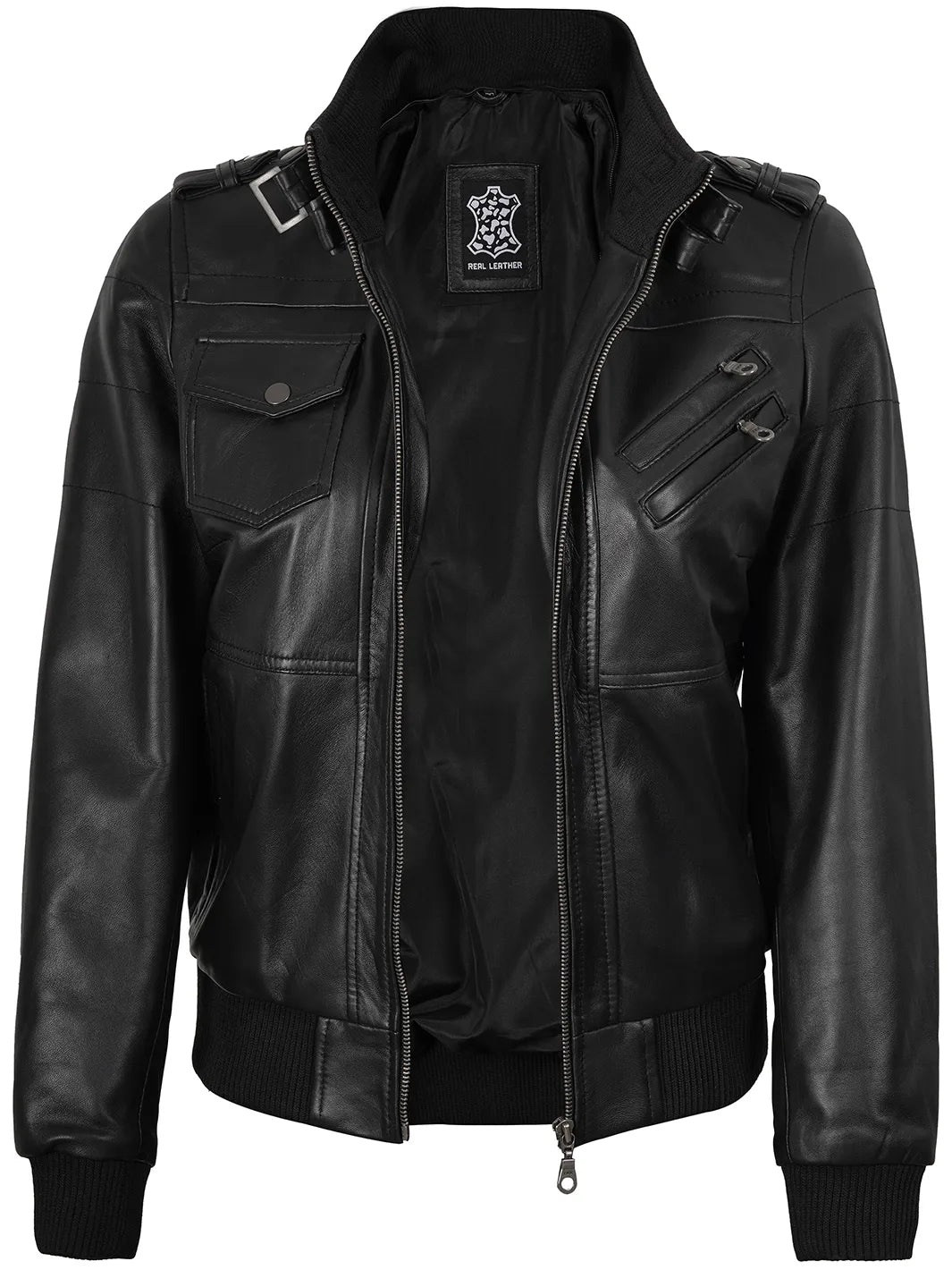 Real Leather Women's Bomber Black Jacket with Removable Hood