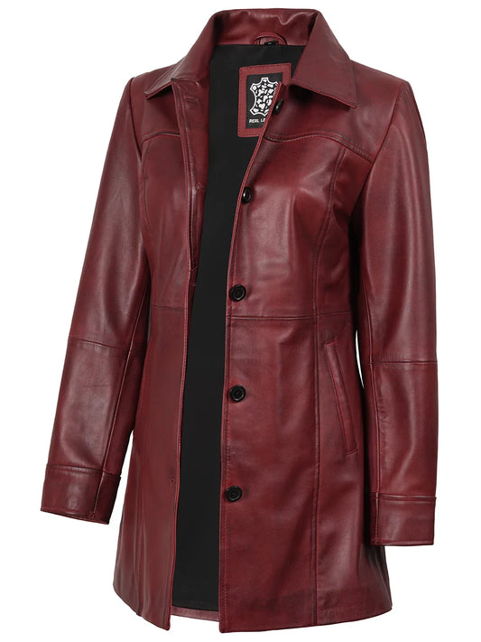 Kandis Women's Burgundy Real Leather Car Coat
