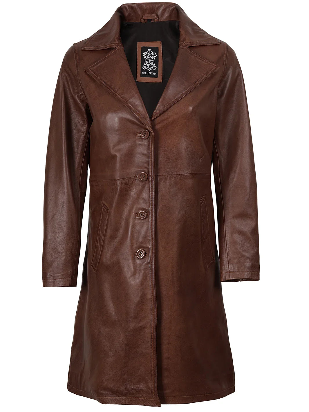Women's Cognac Brown Real Leather 3/4 Length Coat