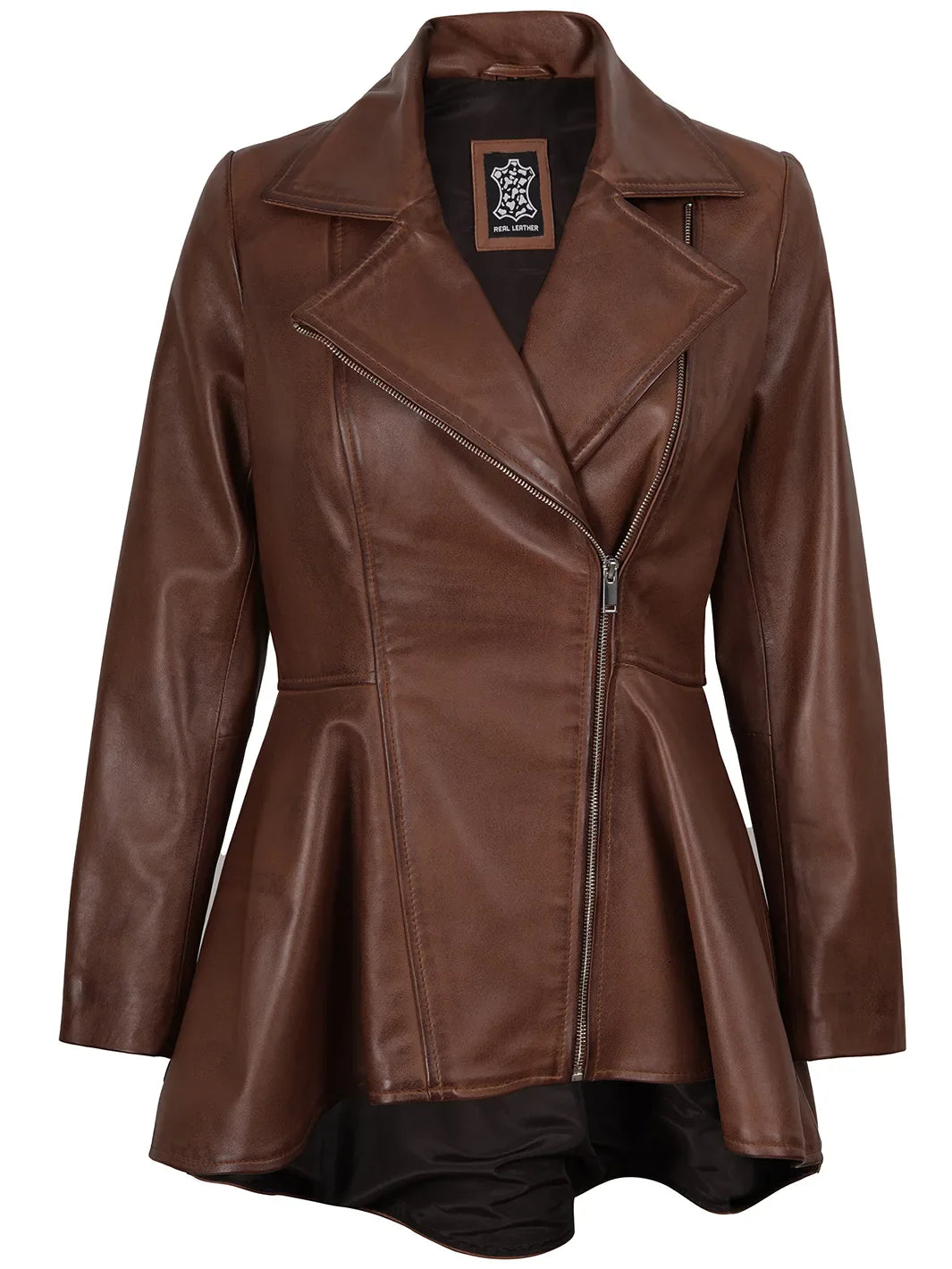 Clarissa Womens Cognac Brown Peplum Leather Jacket