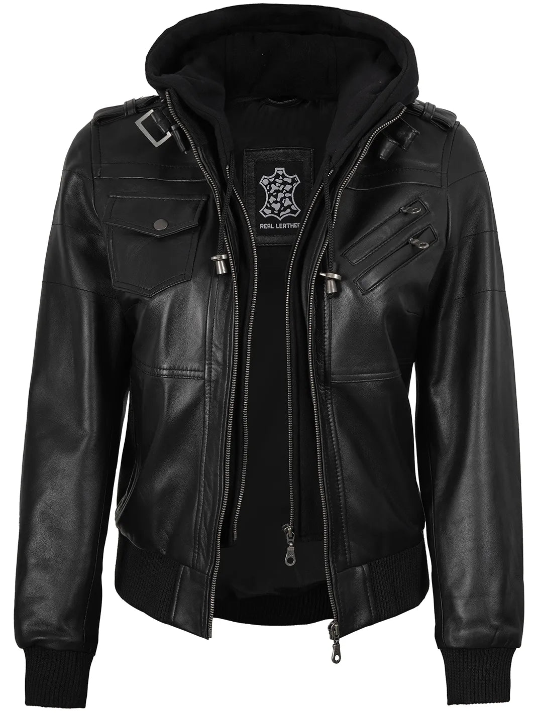 Real Leather Women's Bomber Black Jacket with Removable Hood