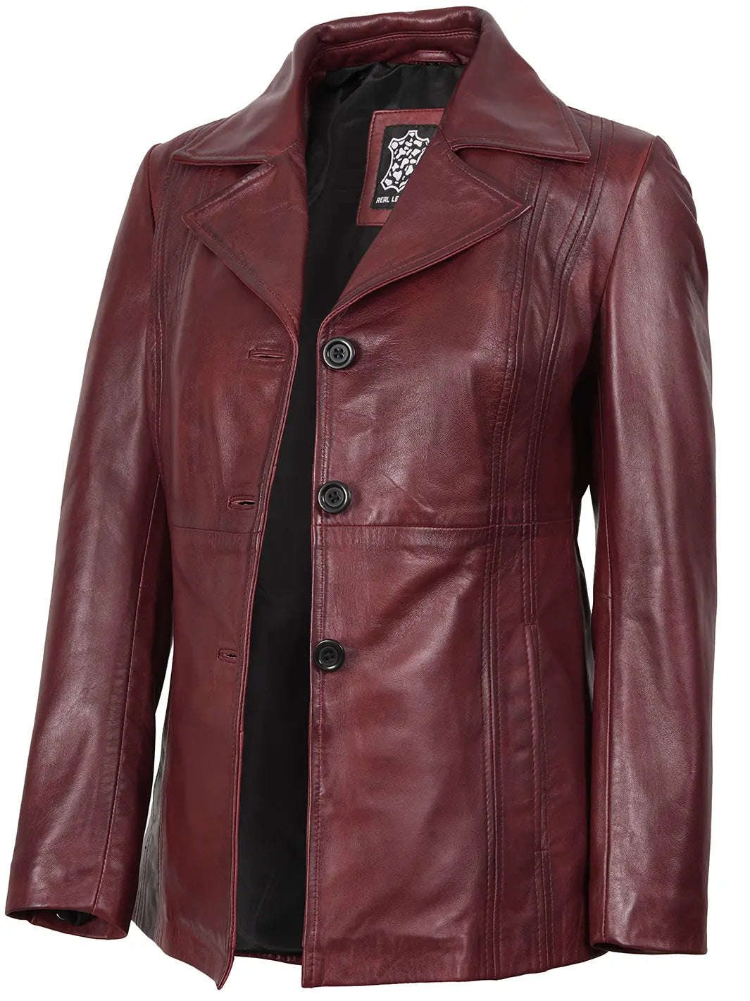Women's Real Leather Burgundy Blazer with Three Button