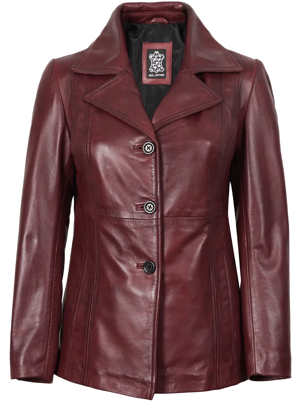 Women's Real Leather Burgundy Blazer with Three Button