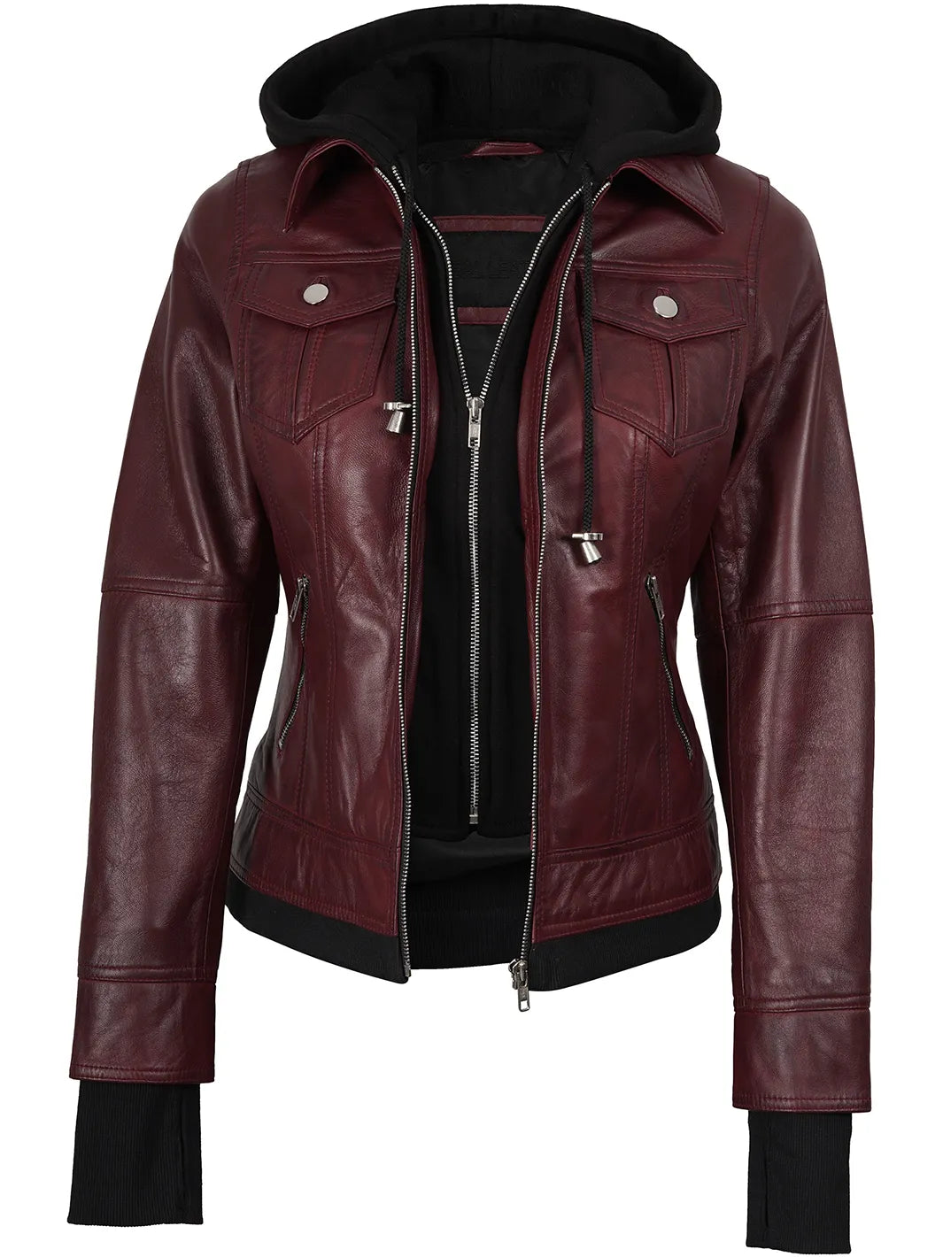 Real Leather Women's Bomber Burgundy Jacket with Hood