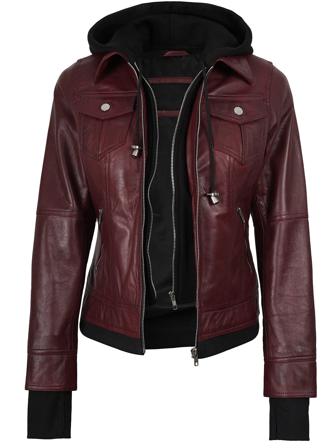 Real Leather Women's Bomber Burgundy Jacket with Hood