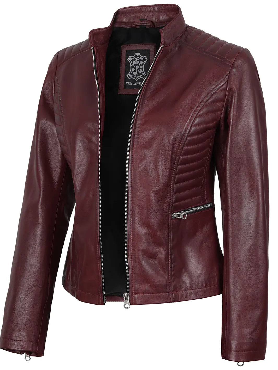 Women's Burgundy Cafe Racer Leather Jacket