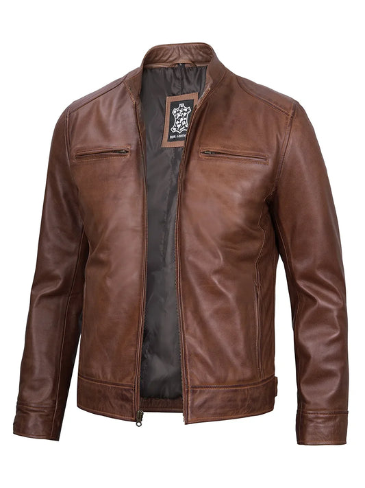 Real Leather Men's Cognac Cafe Racer Jacket