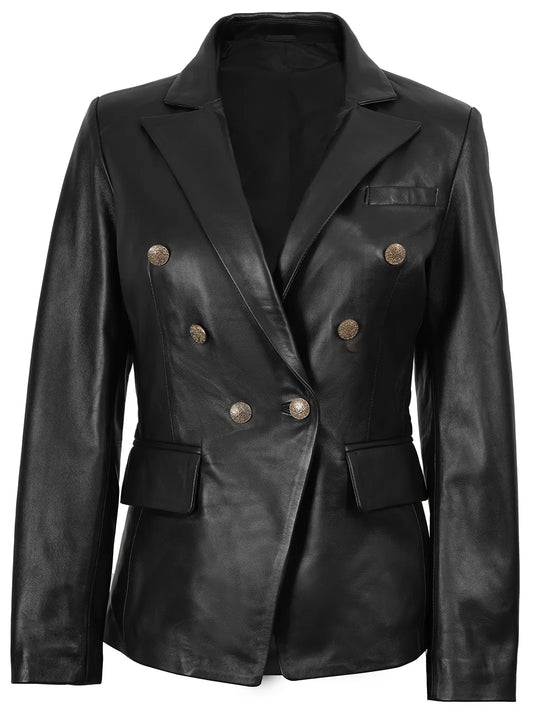 Kim Women's Black Double Breasted Leather Blazer