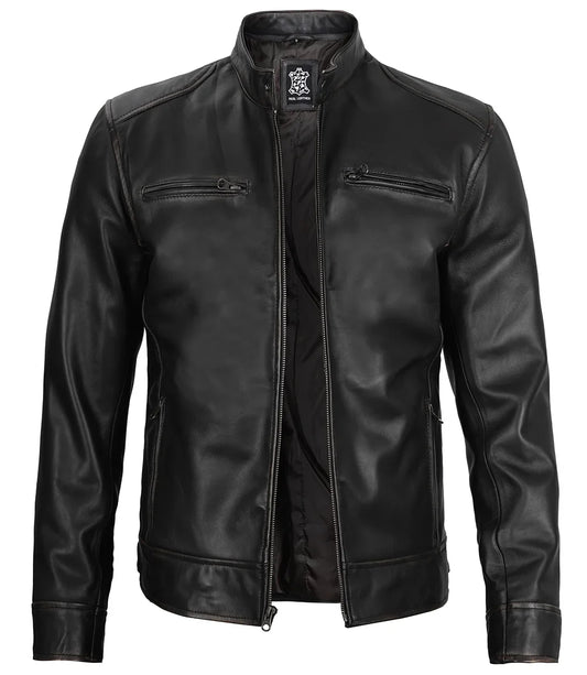 Real Leather Men's Black Cafe Racer Jacket