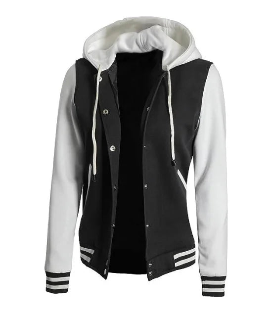 Women's Black and White Varsity Letterman Jacket with Hood