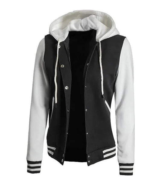 Women's Black and White Varsity Letterman Jacket with Hood