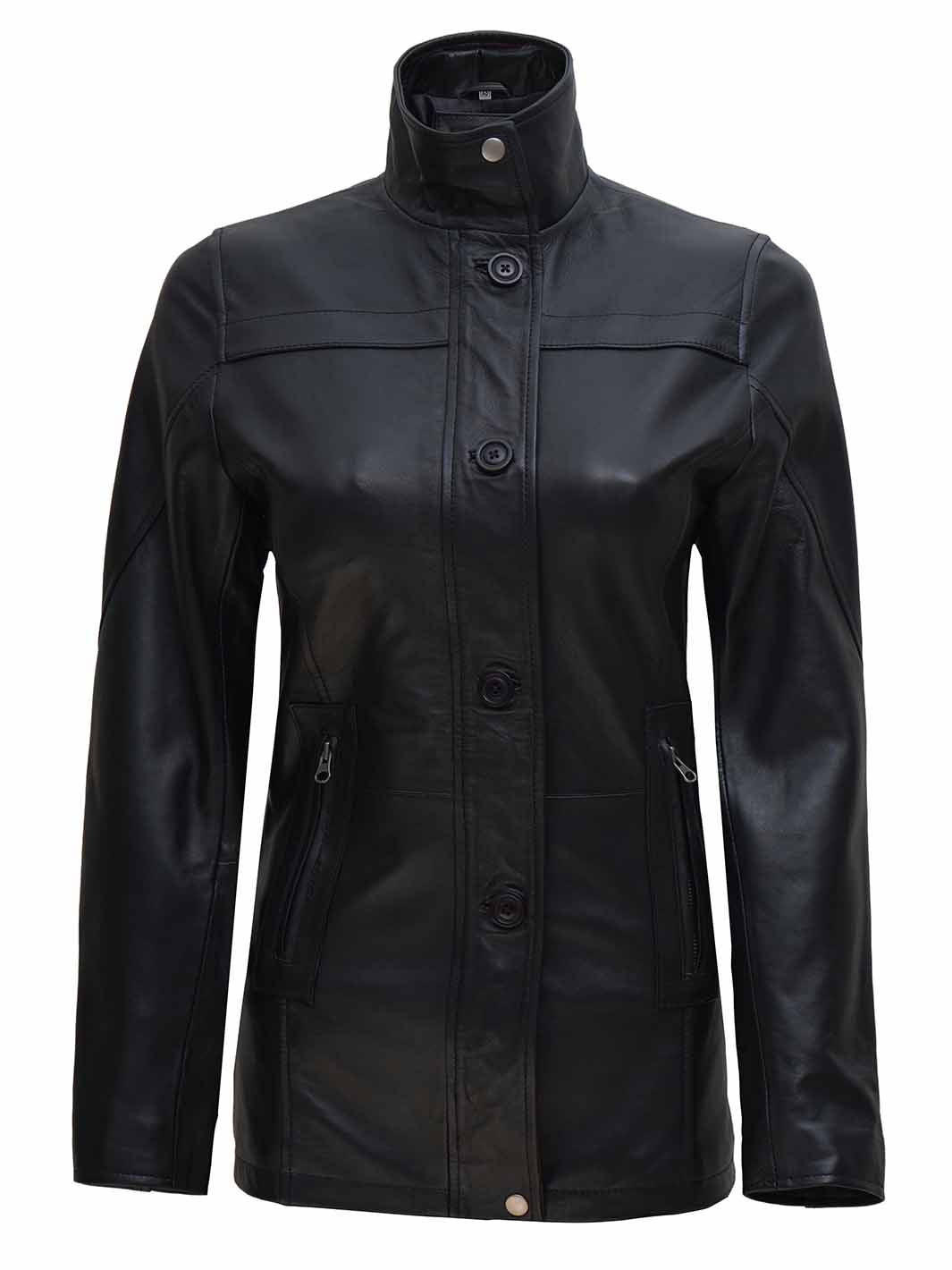 Womens Black 3/4 Length Real Leather Car Coat