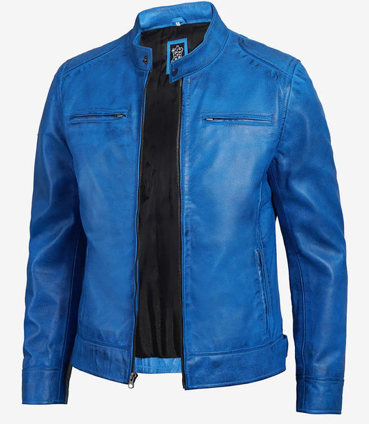 Real Leather Men's Cafe Racer Style Blue Jacket