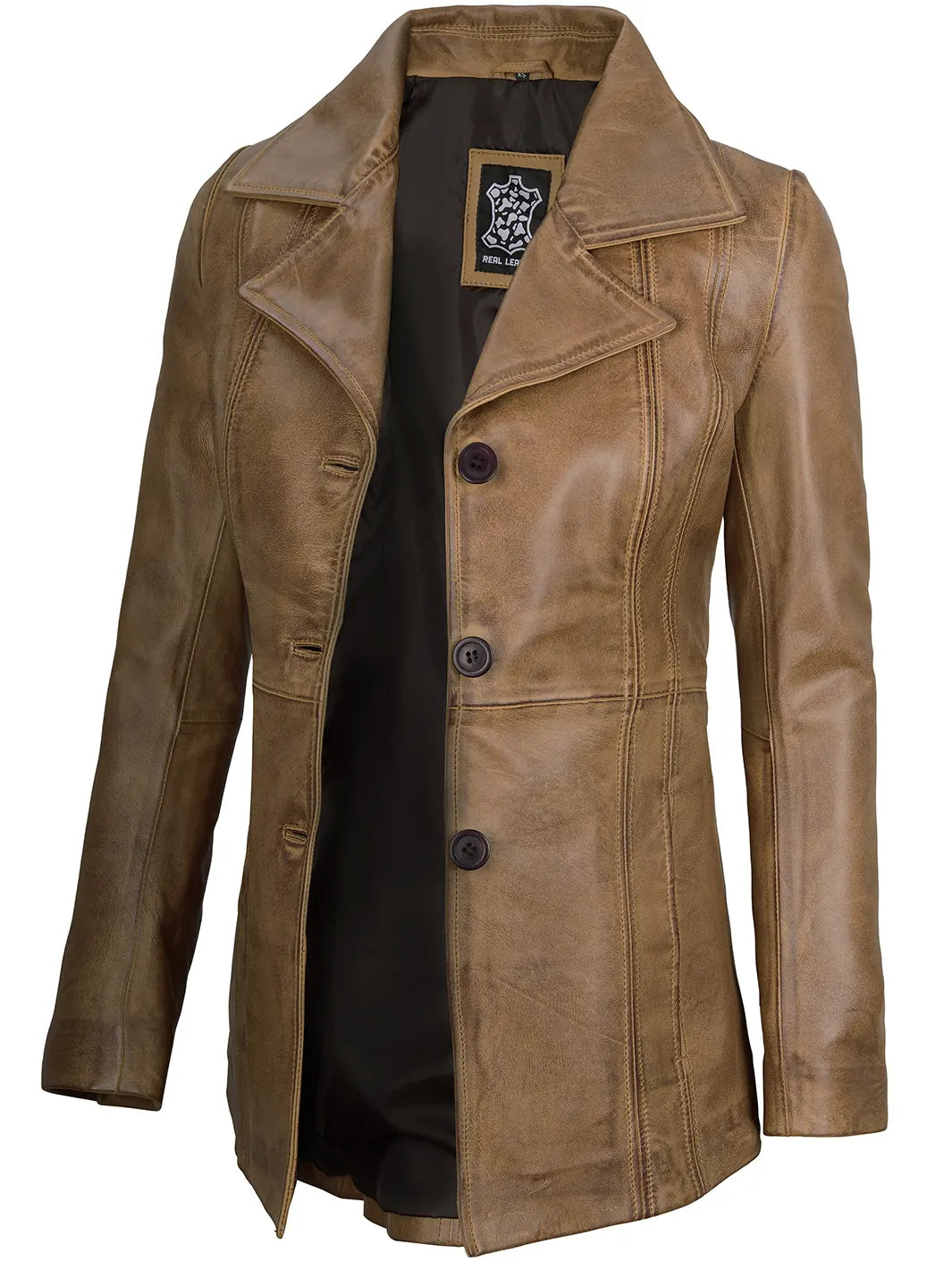 Camel Three Button Lambskin Leather Jacket Womens
