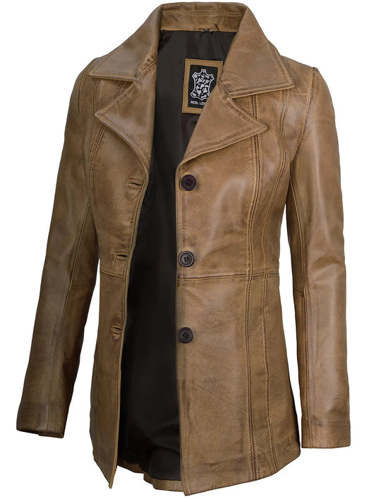 Camel Three Button Lambskin Leather Jacket Womens