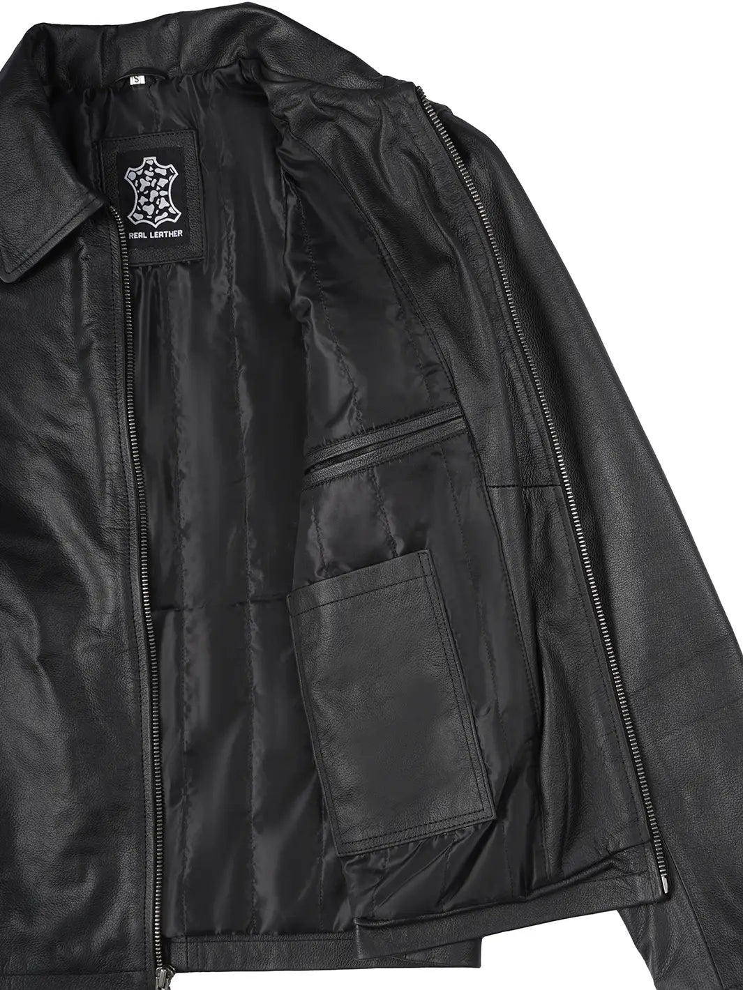 Men's Black Shirt Collar Cowhide Leather Jacket