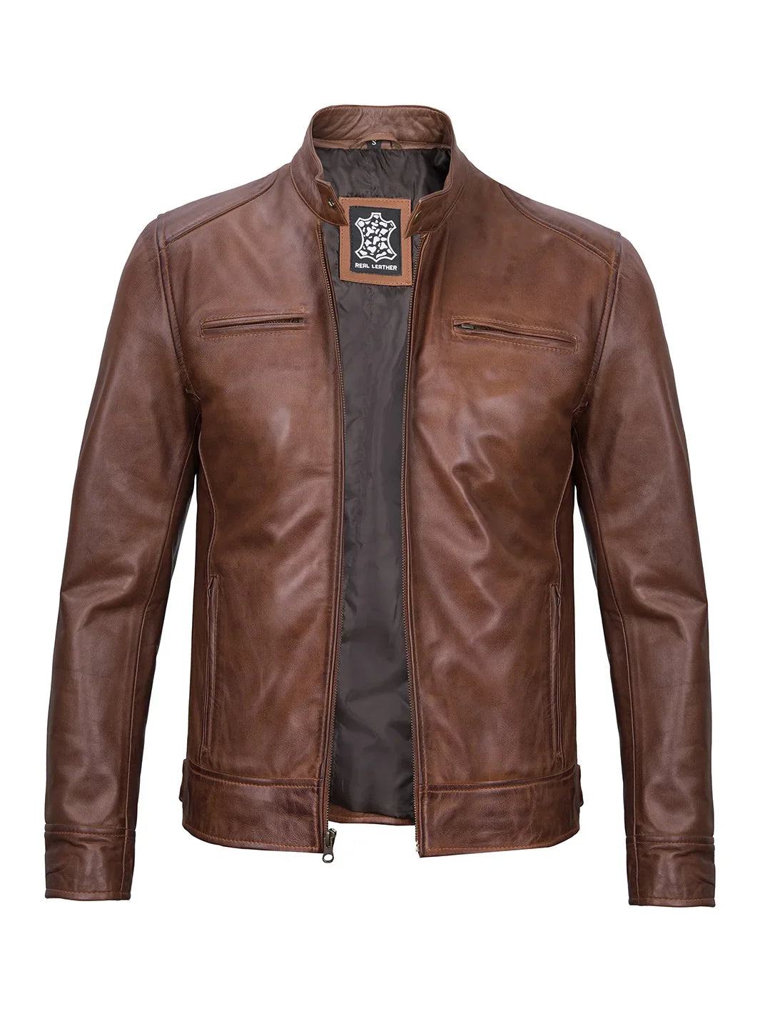 Real Leather Men's Cognac Cafe Racer Jacket