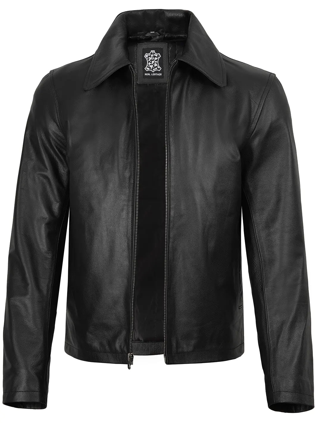 Men's Black Shirt Collar Cowhide Leather Jacket