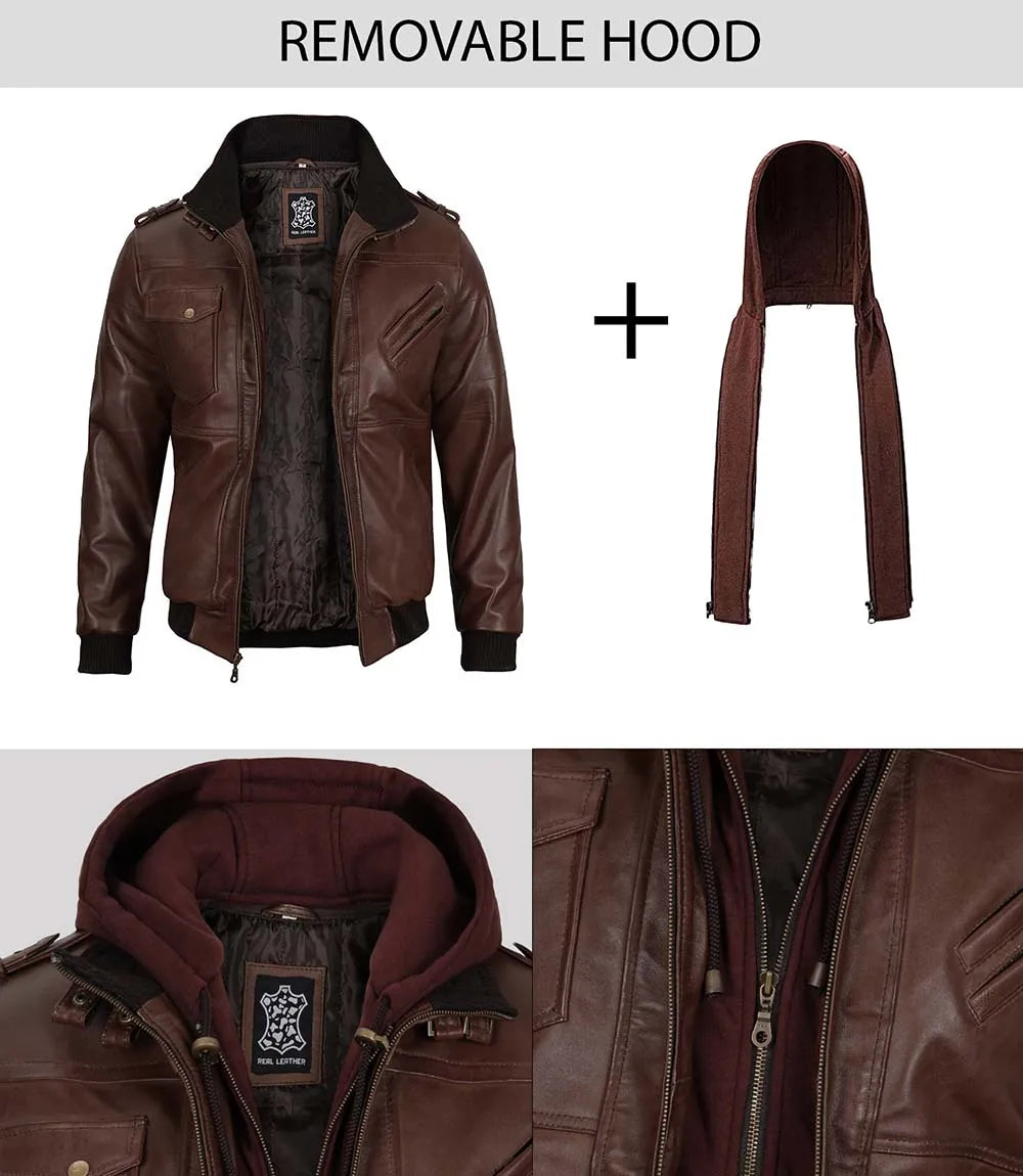 Edinburgh Men's Dark Brown Leather Bomber Jacket With Removable Hood