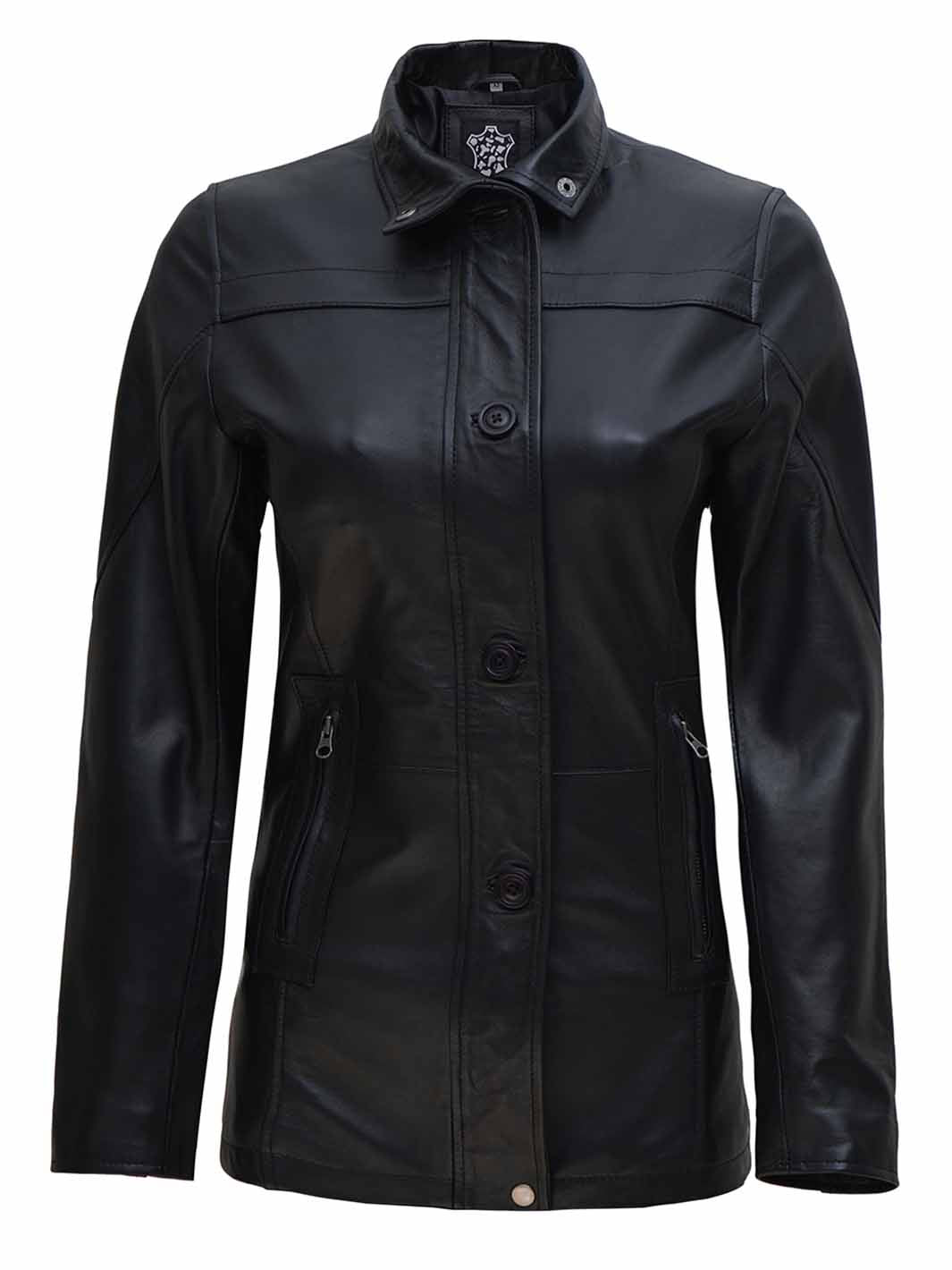 Womens Black 3/4 Length Real Leather Car Coat