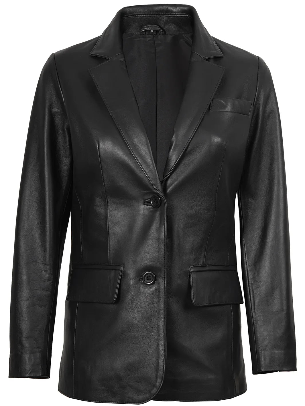 Women's Two Button Black Real Leather Blazer