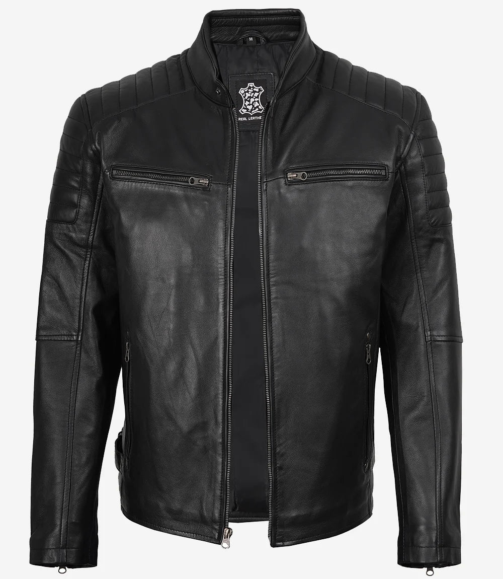 Men’s Real Leather Cafe Racer Jacket with Padded Shoulders