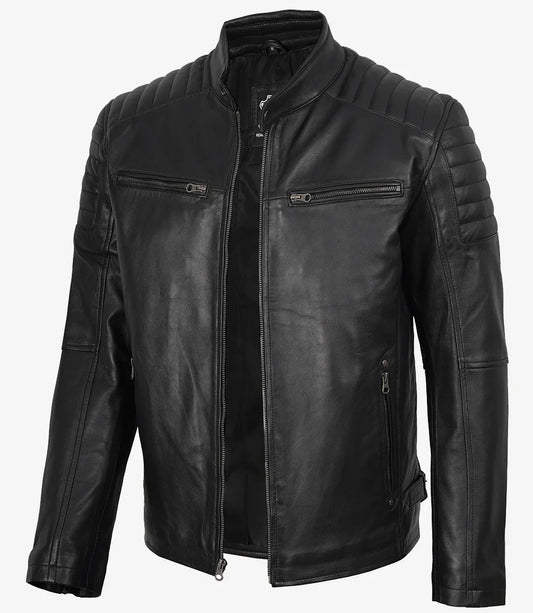 Men’s Real Leather Cafe Racer Jacket with Padded Shoulders