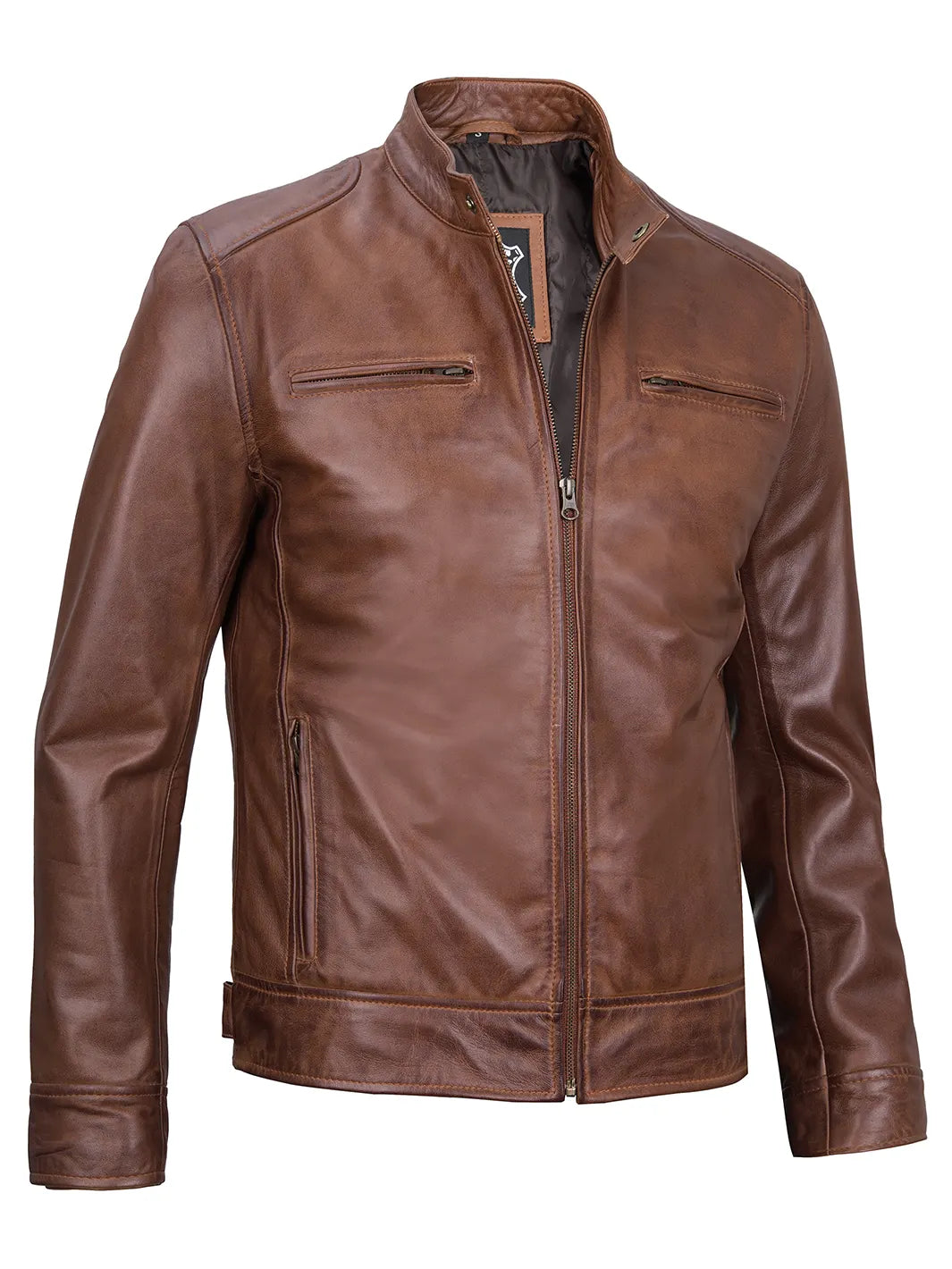 Real Leather Men's Cognac Cafe Racer Jacket