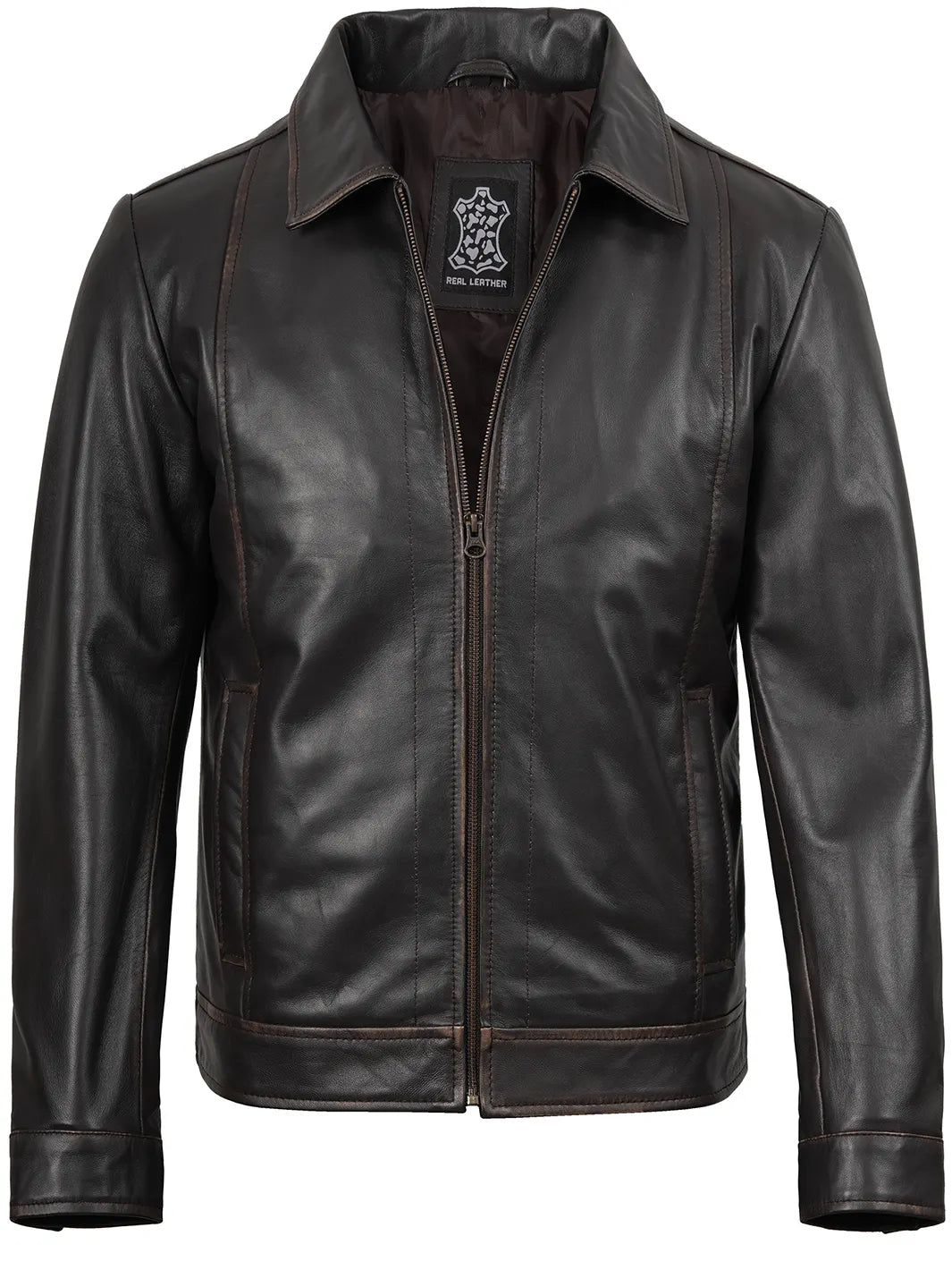 Mens Distressed Dark Brown Biker Style Leather Jacket