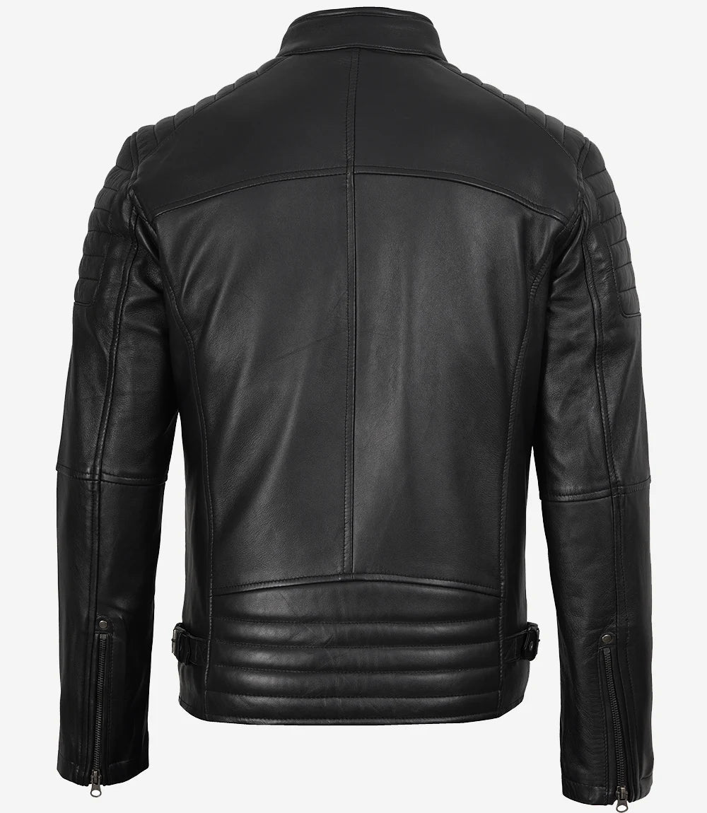 Men’s Real Leather Cafe Racer Jacket with Padded Shoulders