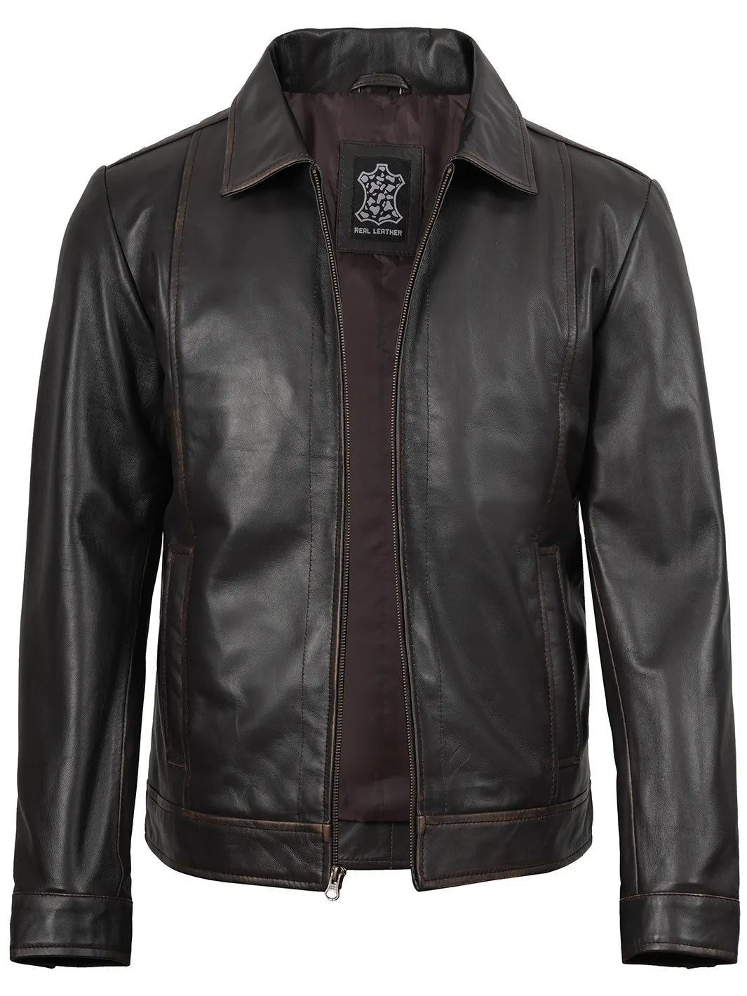 Mens Distressed Dark Brown Biker Style Leather Jacket