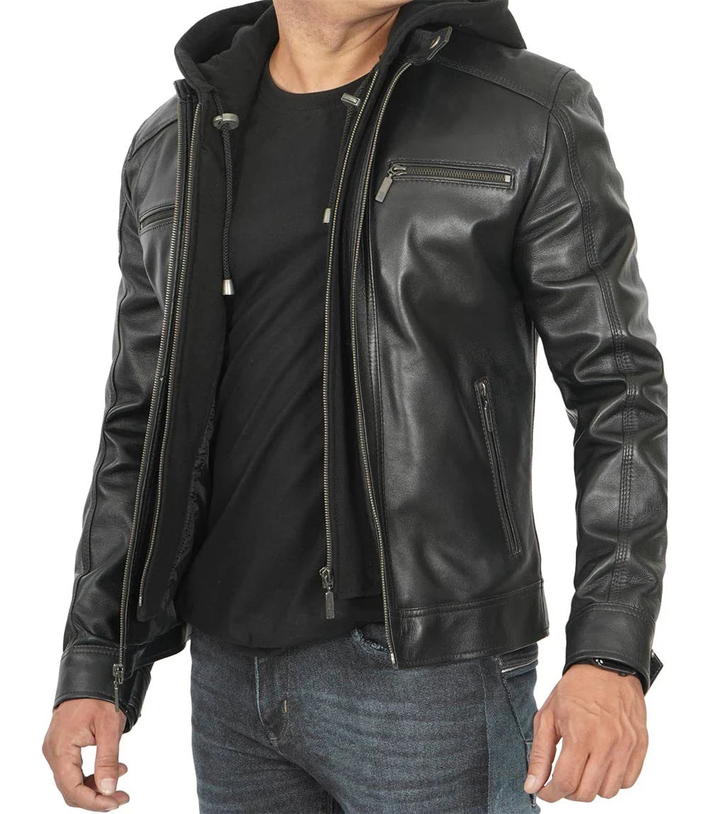 Merrill Men's Black Hooded Leather Jacket