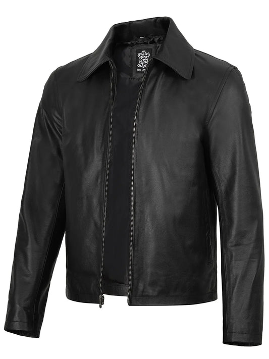 Men's Black Shirt Collar Cowhide Leather Jacket